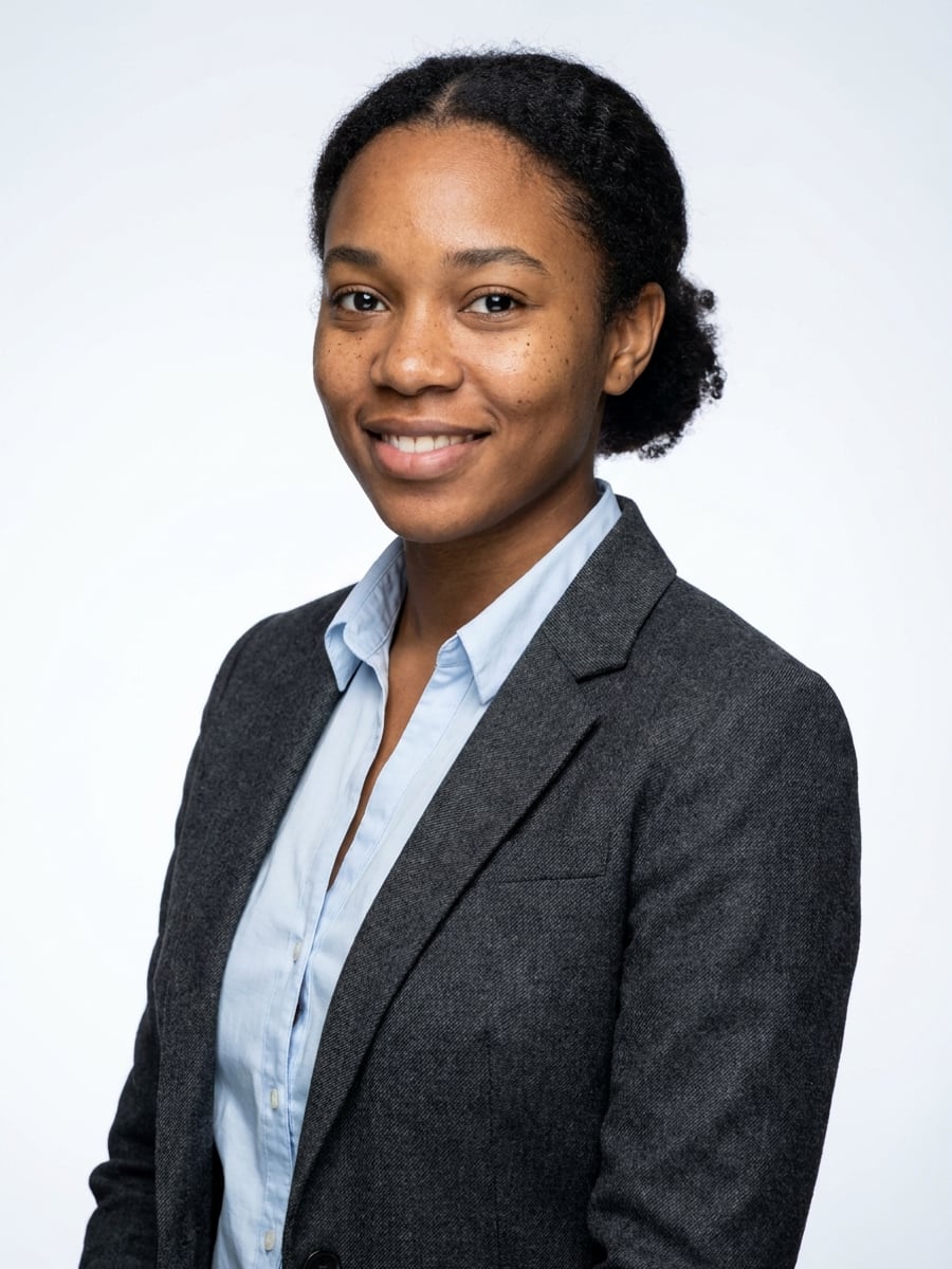 Example job-search headshot: Studio White · Charcoal Blazer