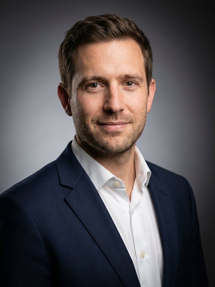 Example job-search headshot: Studio Gray · Navy Suit