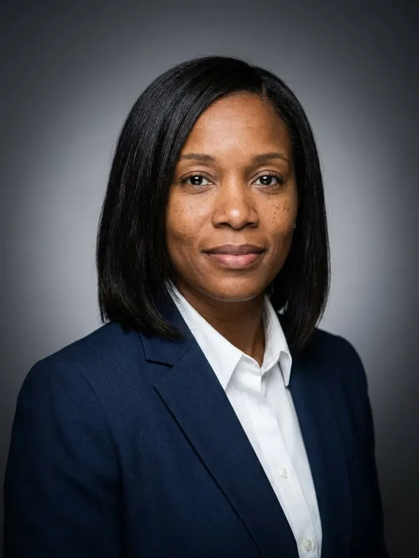 Example attorney headshot: Studio Gray · Navy Suit