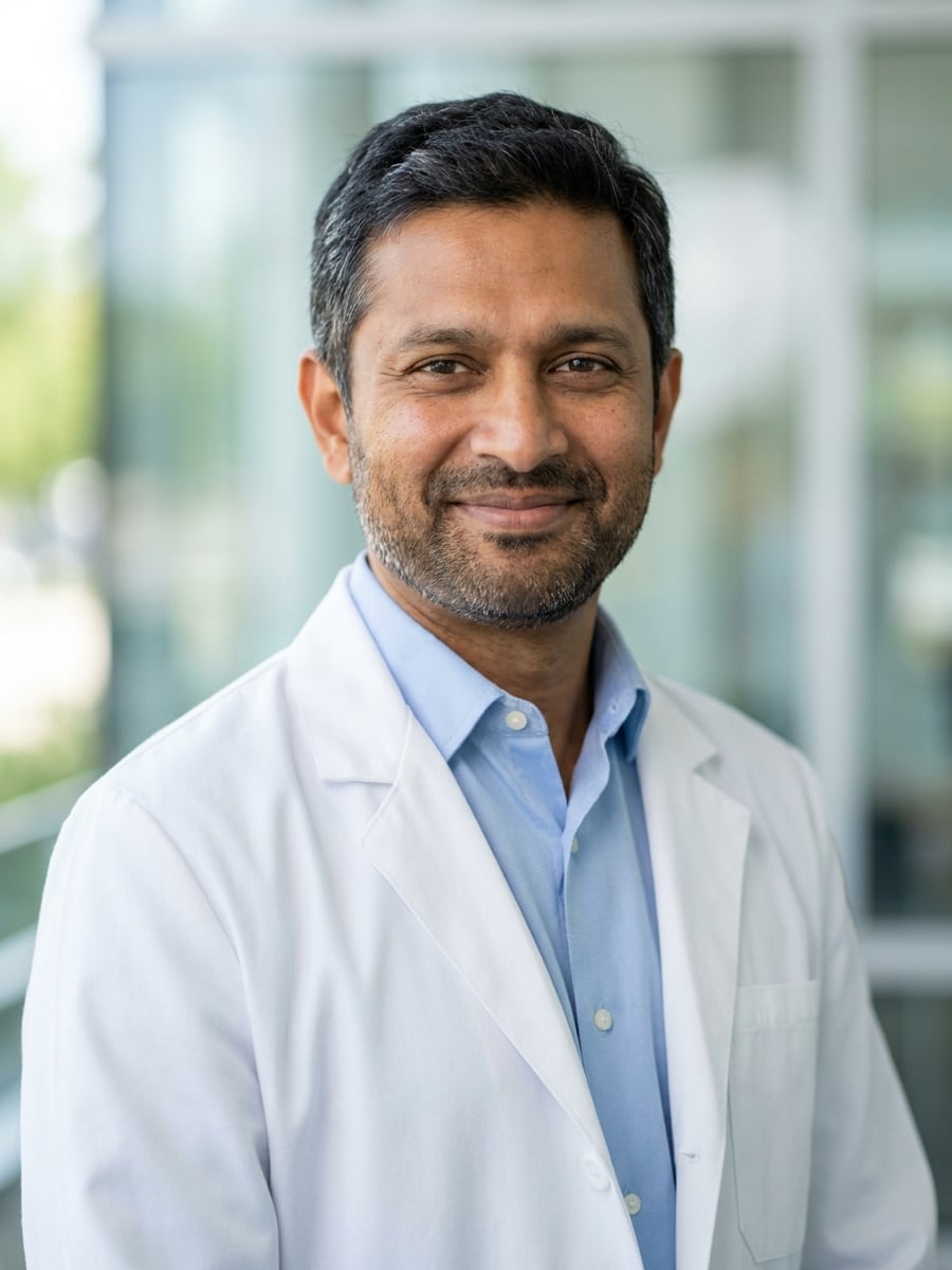 Example medical headshot: Glass Office · White Coat