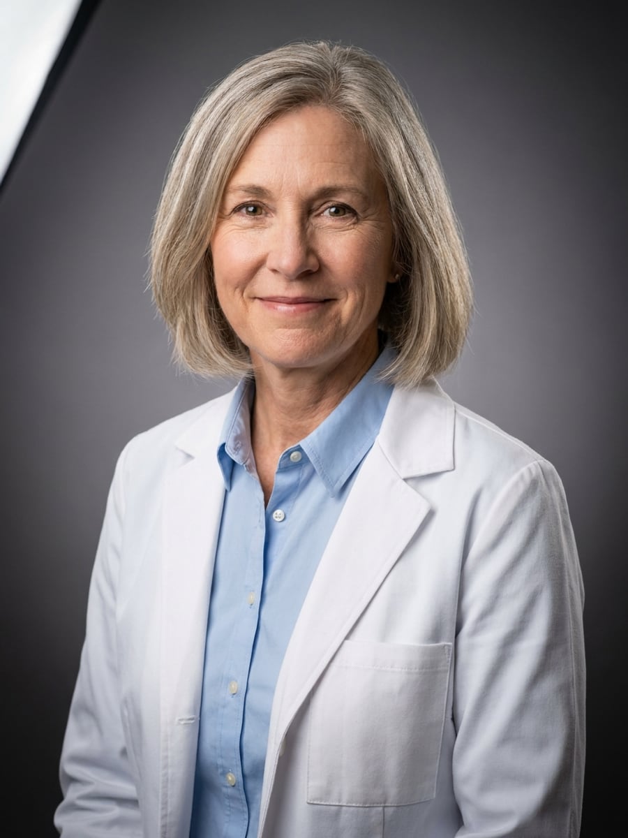 Example medical headshot: Studio Gray · White Coat
